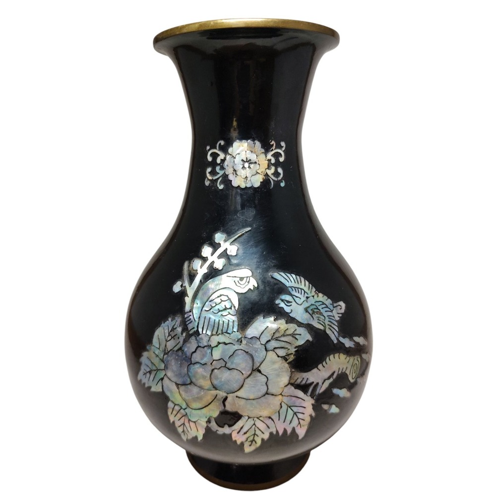 Vintage Asian Black Lacquered Vase with Mother of Pearl‎ Inlay Flowers Birds SEE